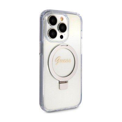 Guess Ring Stand Script Glitter MagSafe - Etui iPhone 15 Pro (przezroczysty)