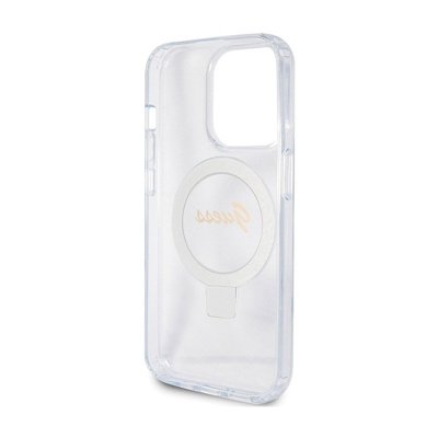 Guess Ring Stand Script Glitter MagSafe - Etui iPhone 15 Pro (przezroczysty)