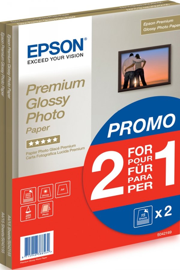 Epson Premium Glossy Photo Pa, foto papier, gratis 1+1 typ połysk, biały, A4, 255 g/m2, 30 szt., C13S042169, atrament