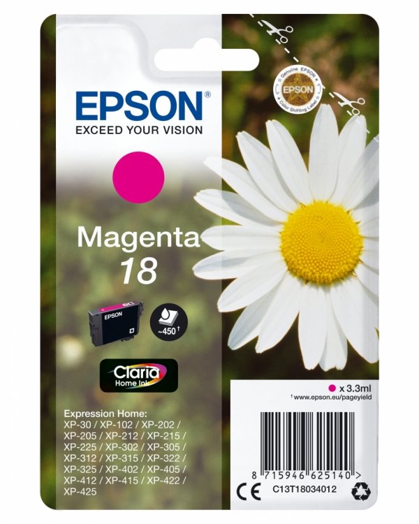 Tusz EPSON C13T18034012, T180340, magenta, 3,3ml, Epson Expression Home XP-102, XP-402, XP-405, XP-302