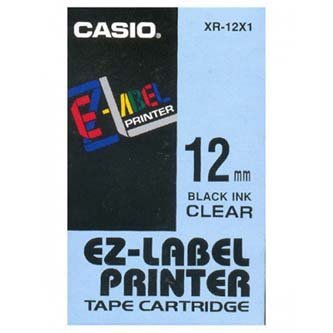 Casio oryginalna taśma do drukarek etykiet. Casio. XR-12X1. czarny druk/przezroczysty podkład. nielaminowany. 8m. 12mm XR-12X1