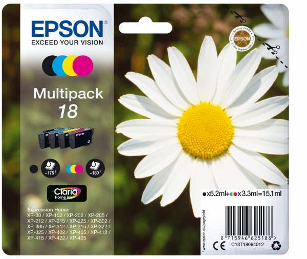 Tusz EPSON C13T18064012, T180640, CMYK, 3x3,3/5,2ml, Epson Expression Home XP-102, XP-402, XP-405, XP-302