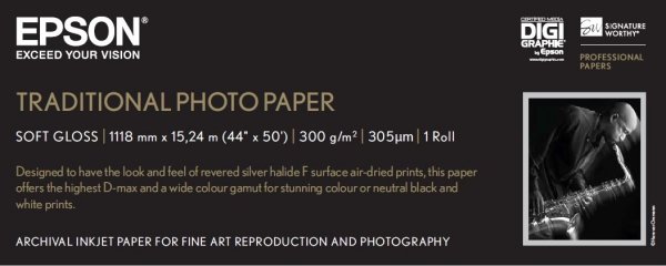 Papier do plotera / EPSON / 1118/15/Traditional Photo Paper, 44 cale, C13S045056, 300 g/m2, papier, 1118mmx15m, biały, do drukarek atramentowych, rolka, fot