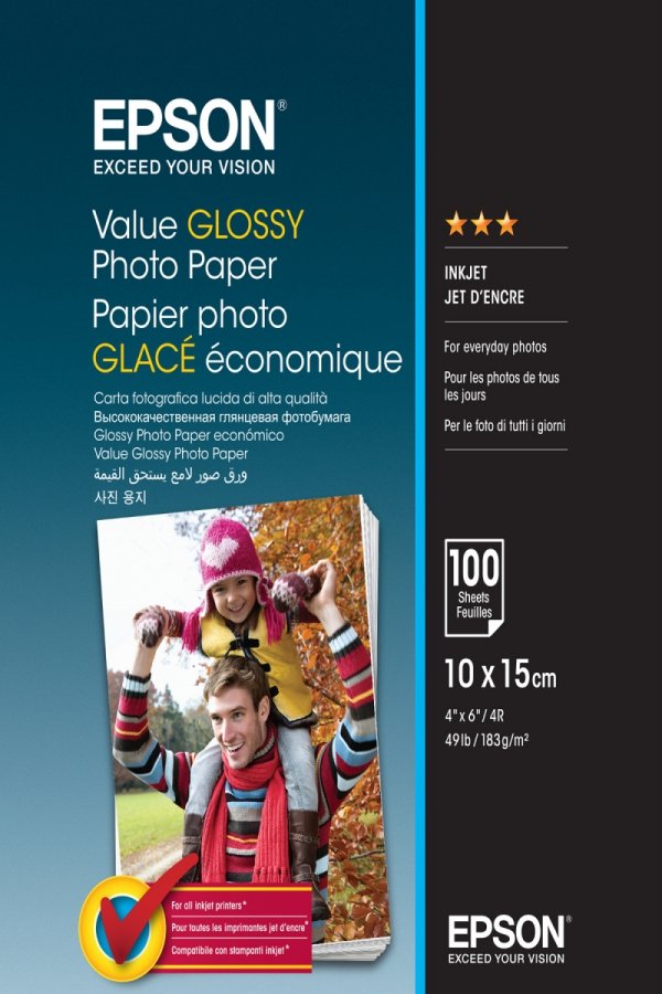 Epson Value Glossy Photo Paper, foto papier, połysk, biały, 10x15cm, 183 g/m2, 100 szt., C13S400039, atrament
