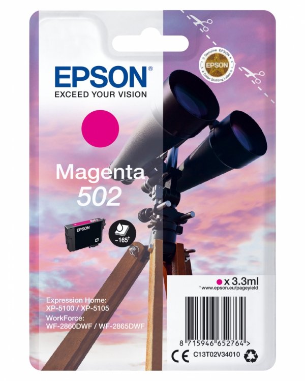 Tusz EPSON  C13T02V34020, 502, T02V340, magenta, 165s, 3.3ml, Epson XP-5100, XP-5105, WF-2880dwf, WF2865dwf C13T02V34020