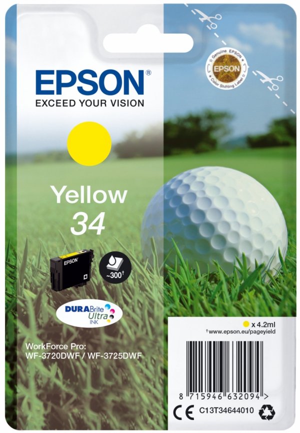 Tusz EPSON C13T34644020, T346440, yellow, z zabezpieczeniem, 4.2ml, Epson WF-3720DWF, 3725DWF