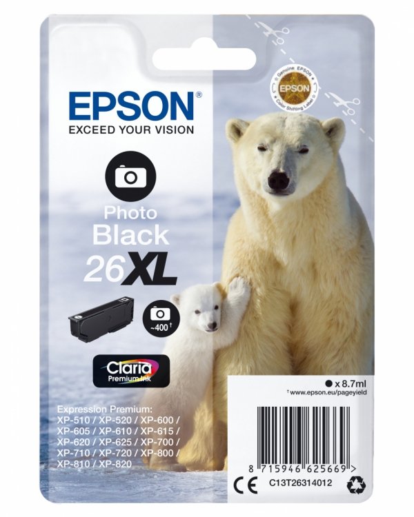 Tusz EPSON C13T26314012, T263140, 26XL, photo black, 8,7ml, Epson Expression Premium XP-800, XP-700, XP-600