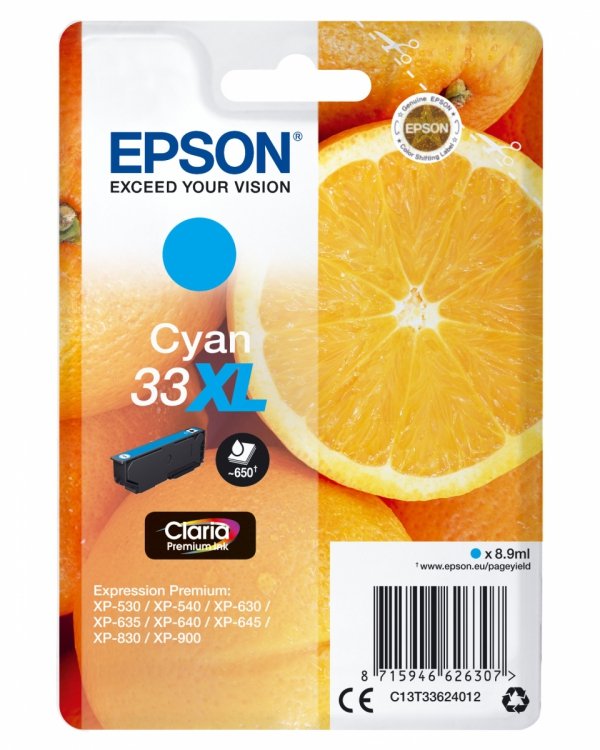 Tusz EPSON C13T33624012, T33XL, cyan, 8,9ml, Epson Expression Home a Premium XP-530,630,635,830
