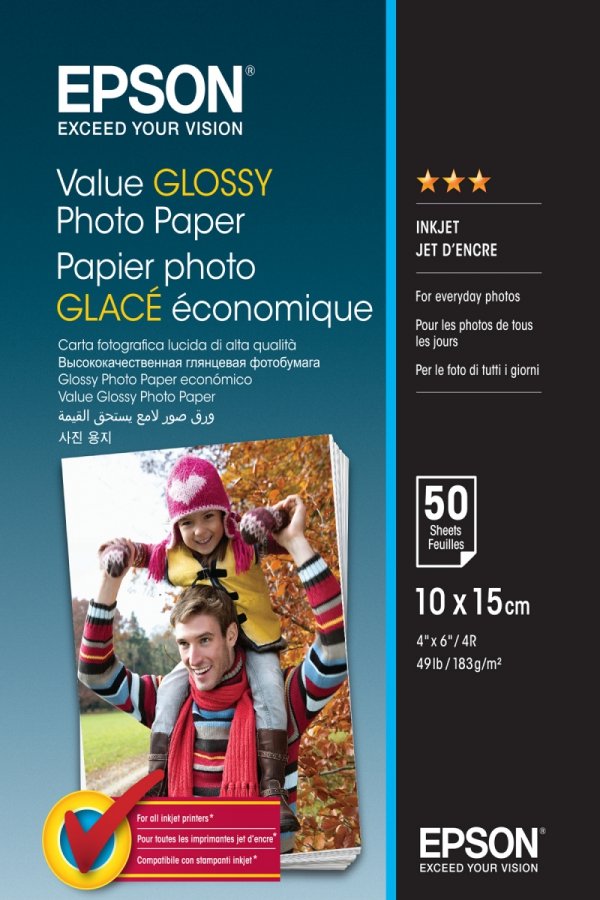 Epson Value Glossy Photo Paper, foto papier, połysk, biały, 10x15cm, 183 g/m2, 50 szt., C13S400038, atrament