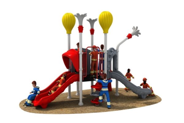 Plac zabaw strażacki dla przedszkola – konstrukcja metalowo-plastikowa EN 1176