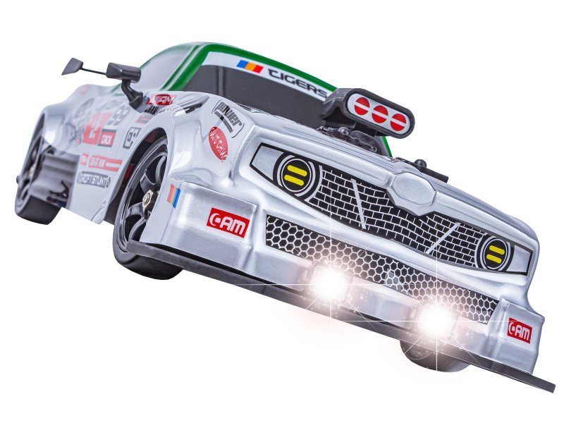 DUŻY Samochód Do Driftu Auto RC Drift 1:16 2,4 GHz PARA DYM Srebrny Dodge 4WD LED