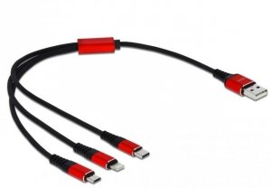 Delock Kabel 3IN1 USB-A(M)->LIGHTNING(M)+MICRO-B(M)+USB-C(M) tylko  ładowanie 0.3M czerwono/czarny