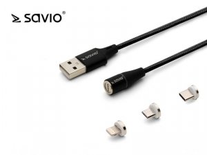 Elmak Kabel Magnetyczny USB - USB Typ C, Micro i Lightning 1m, SAVIO CL-152 Czarny