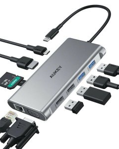 AUKEY CB-C89 aluminiowy Hub USB-C | 10w1 | RJ45 Ethernet 10/100/1000Mbps | 4xUSB | HDMI 4k@30Hz | SD i microSD | USB-C Power Del