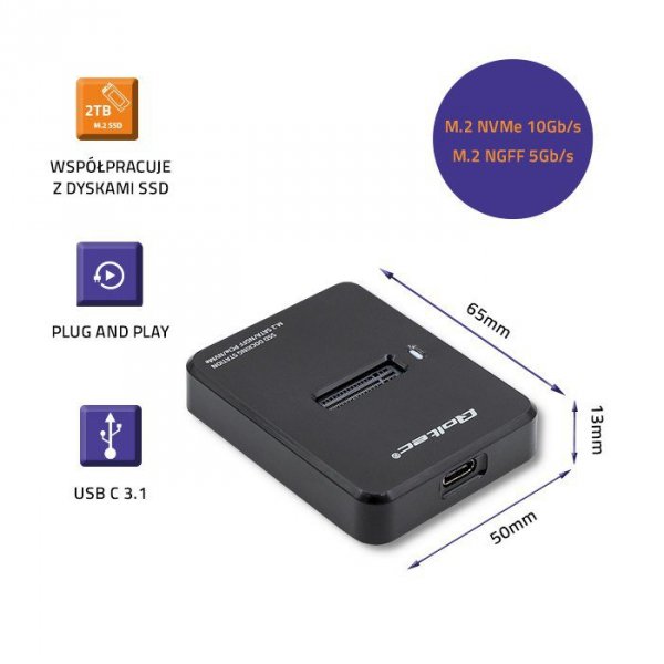 QOLTEC STACJA DOKUJĄCA DYSKÓW SSD M.2 SATA/PCIE | NGFF/NVME | USB 3.1