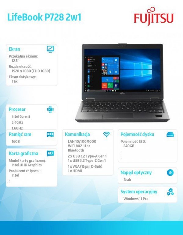 Fujitsu Notebook poleasingowy LifeBook P728 2w1 Core i5-8250U (8-gen.)   1,6 GHz / 16 GB / SSD 240GB / 12,5 cala FullHD dotyk / Win 11 Pro
