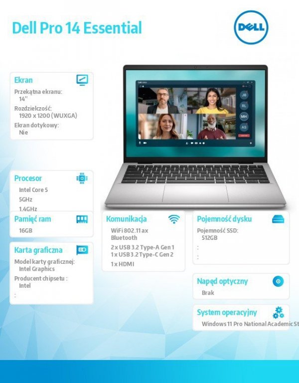 Dell Laptop Dell Pro 14 Essential PV14250 W11P EDU C5 120U/16GB/512GB/Intel Graph/FgrPr/WLAN+BT/14.0/BcklKb/4C/65W/5YRS Alu Plat