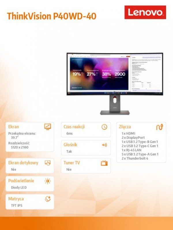 Lenovo Monitor 39.7 cala ThinkVision P40WD-40 64B4XAT1EU