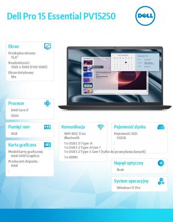 Dell Laptop Dell Pro 15 Essential PV15250|i7-1355U|8GB|512GB SSD|IntelUHD|None|W11 Pro|WLAN + BT|15.6 FHD|Backlit Kb|4 Cell|65W/3YPS