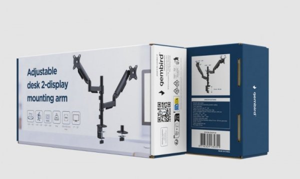 Gembird Ramię biurkowe, regulowane  na dwa monitory od 17 do 32 cale obciążenie do 9 kg