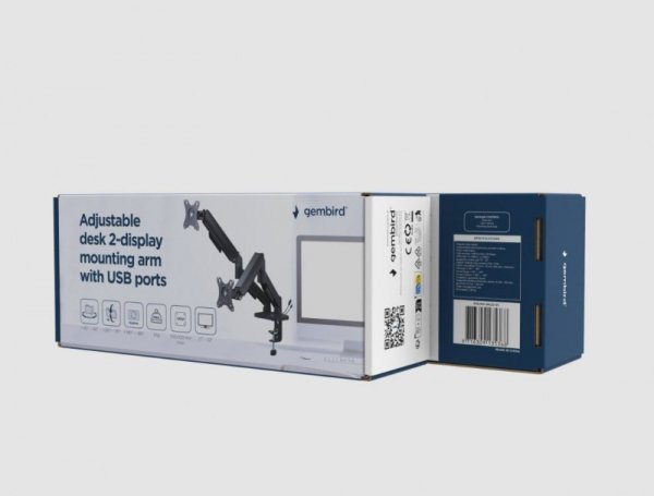 Gembird Ramię biurkowe  na dwa monitory z portami USB, regulowane od 17 do 32 cale, obciążenie do 9 kg