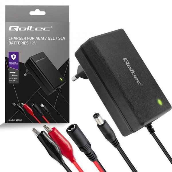Qoltec Ładowarka do akumulatora AGM GEL | Prostownik 12V | 2A | 24W |   5.5x2.1 | kabel 1.8m