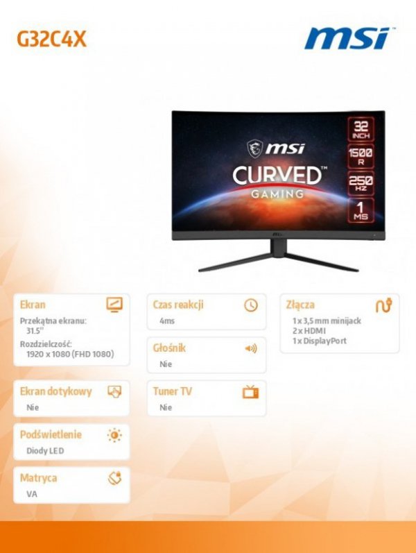MSI Monitor G32C4X 31,5 cali/LED/FHD/Curve/250Hz/Black