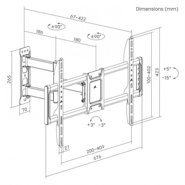 Gembird Uchwyt ścienny do telewizora z pełnym zakresem ruchu (regulowany), 37 cali-90 cali, do 50kg, czarny