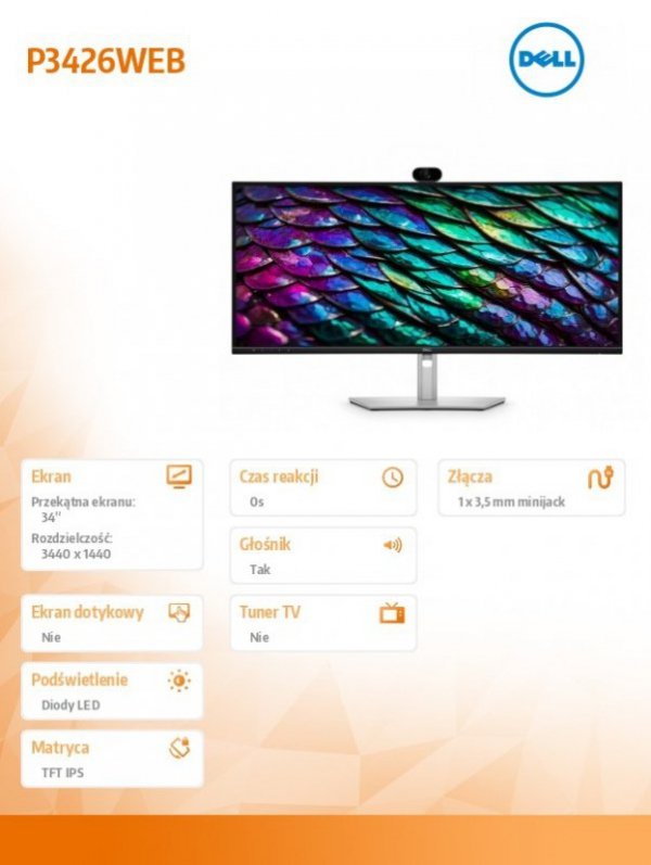 Dell Monitor P3426WEB 34 cale IPS Zakrzywiony WQHD (3440x1440)/21:9/HDMI/DP/4xUSB/2xUSB-C/RJ45/Kamera/Głośniki/3Y