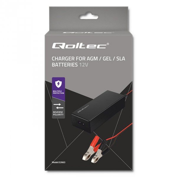 Qoltec Ładowarka do akumulatora AGM GEL STD | Prostownik 12V | 2A | 24W | LED | Kabel 1.8m
