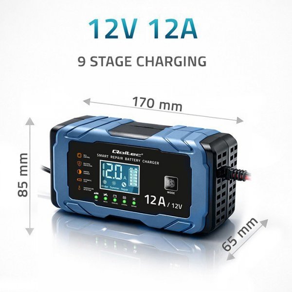 Qoltec Ładowarka 12V 12A | Prostownik z funkcją naprawy | AGM GEL       LiFePO4 | 9-stopniowe ładowanie