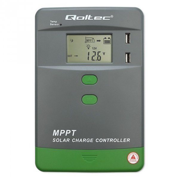 Qoltec Solarny regulator ładowania MPPT z czujnikiem temperatury 10A |  12V/24V | LCD | 2xUSB | GEL | LiFePO4