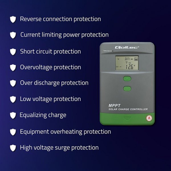 Qoltec Solarny regulator ładowania MPPT z czujnikiem temperatury 80A |  12V/24V/36V/48V | LCD | Bluetooth | APP | GEL | LiFePO4