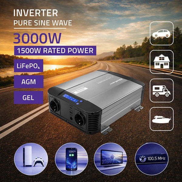 Qoltec Przetwornica napięcia Pure Sine Wave | 12V na 230V | 1500/3000W