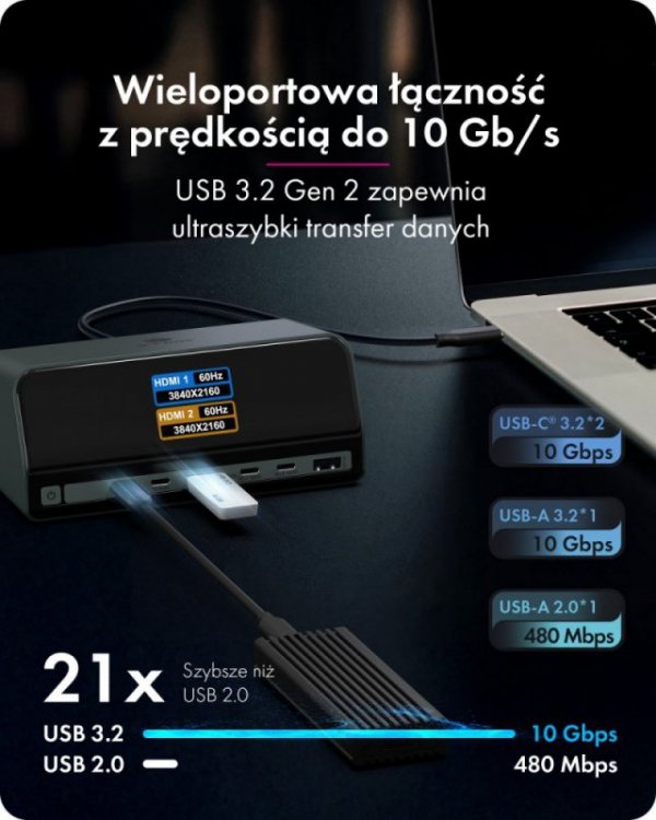 IcyBox Stacja dokująca IB-DK2300-CH 11w1 USB, HDMI, 100W PD, LAN