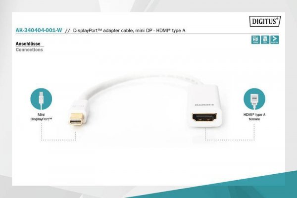 Digitus Kabel adapter Displayport 1080p 60Hz FHD Typ miniDP/HDMI A M/Ż biały 0,15m