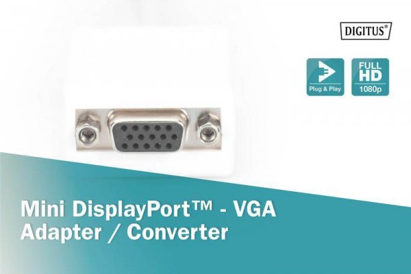 Digitus Kabel adapter Displayport 1080p 60Hz FHD Typ miniDP/DSUB15 M/Ż 0,15m Biały