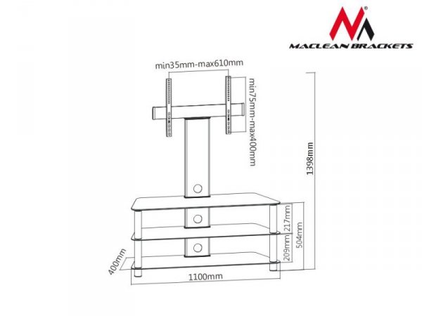 Maclean Stolik RTV szklany z uchwytem do LCD MC-641 do 55 cali 40kg max vesa 600x400