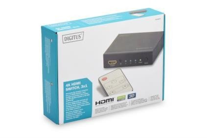 Digitus Przełącznik/Switch HDMI 3-portowy, 4K 30Hz UHD 3D, HDCP 1.3, audio, z pilotem