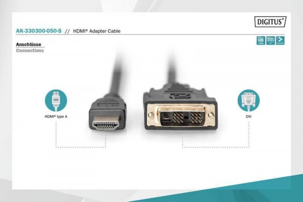 Digitus Kabel adapter HDMI Standard 1080p 60Hz FHD Typ HDMI A/DVI-D (18+1) M/M 5m Czarny