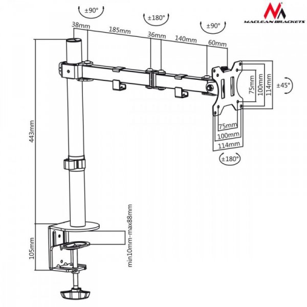 Maclean Uchwyt biurkowy do monitora LCD MC-753  13-32 cale 8kg vesa 75x75/100x100 Podwójne ramię