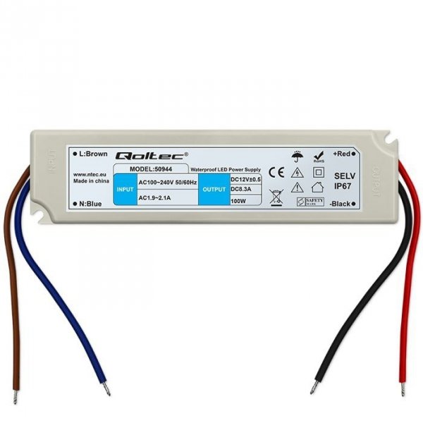 Qoltec Zasilacz LED Driver | 100-240V | IP67 | 100W | 12V | 8.3A
