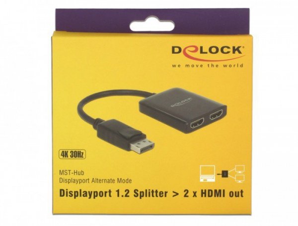 Delock Splitter video DisplayPort 1.2 -&gt; 2x HDMI 4K na kablu 25cm