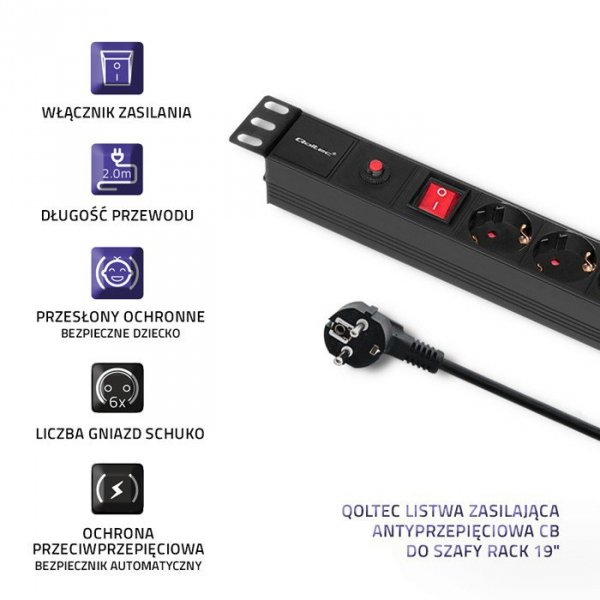 Qoltec Listwa zasilająca CB do szafy RACK | 19cali | 1U | 16A | PDU |  6xSCHUKO | 2m