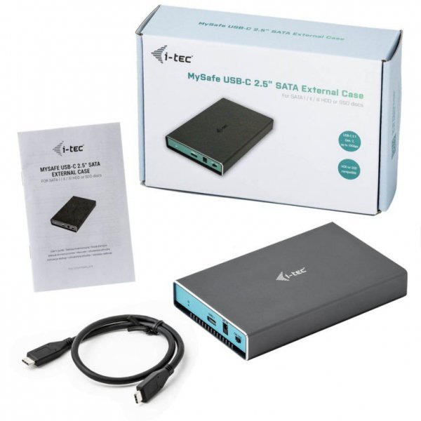 i-tec Zewnętrzna obudowa na dysk MySafe USB-C 3.1 Gen. 2, HDD/SSD 2,5 9.5mm SATA I/II/III