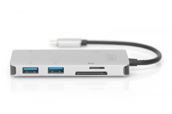 Digitus Stacja dokująca USB Typ C, 6 portów 4K 30Hz, HDMI, 1x USB Typ C, 2x USB3.0, microSD, SD/MMC, srebrna