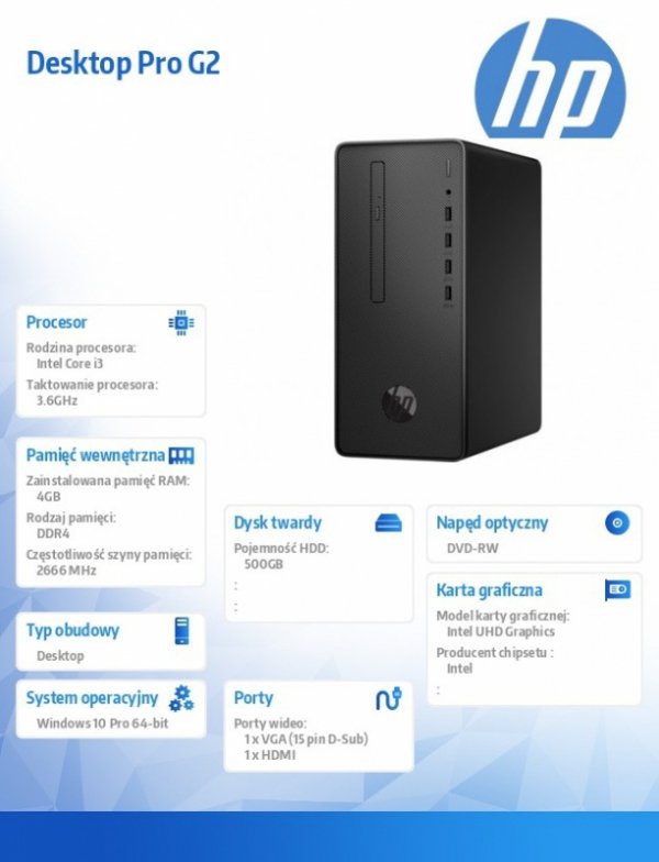 HP Inc. Desktop Pro G2 i3-8100 W10P 500/4G/DVD/      5QL10EA