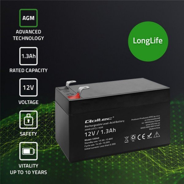 Qoltec Akumulator AGM | 12V | 1.3Ah | max. 0.39A