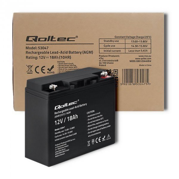 Qoltec Akumulator AGM 12V | 18Ah | max. 270A