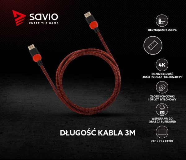 Elmak Kabel HDMI-HDMI v2.0, OFC, miedź, 3D, gamingowy, PC, czerwono-czarny, oplot, 4K, 3.0m SAVIO GCL-04